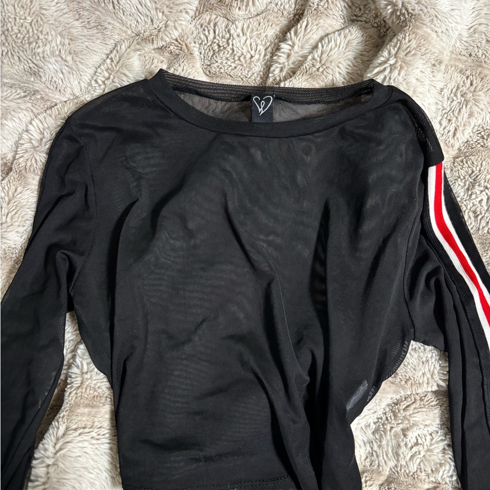 Windsor Black Sheer Top with Red and White Sleeve Stripe
